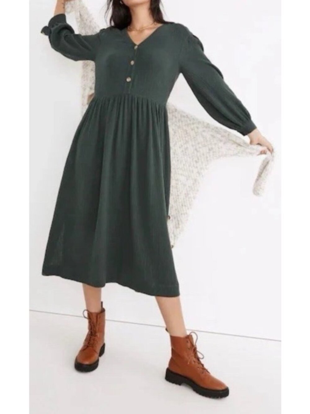 Madewell Lightspun Cotton Gauze Button Front Tiered Midi Dress Green Women M